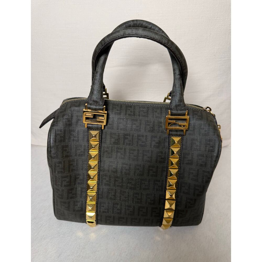 Authentic Fendi Zucca Studded Forever Bauletto Boston Bag Grey Spalmati Canvas - Picture 9 of 14